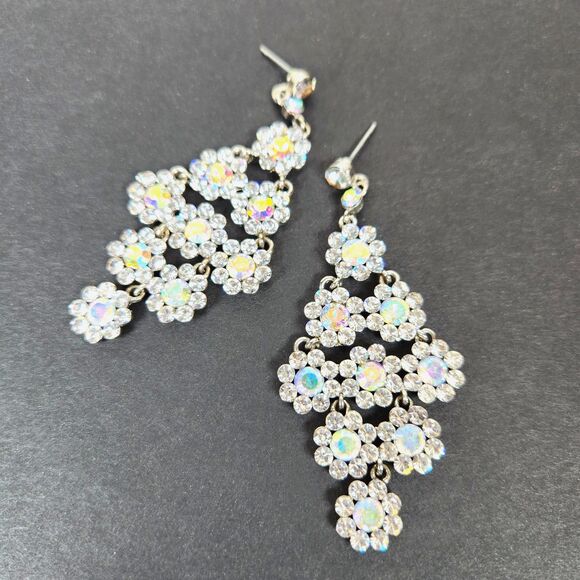 Bling Rhinestone Earrings AB Flower Drop Chandeliers 2.75 in. Pagent Prom - Picture 1 of 7